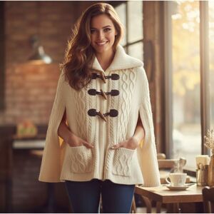 LUCKY BRAND Fishermens Shawl Winter White 100% Wool Cable Knit Sweater Womens S